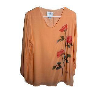Vintage Carol Patterson Blouse Women's Large Orange Floral 100% Silk Top Shirt